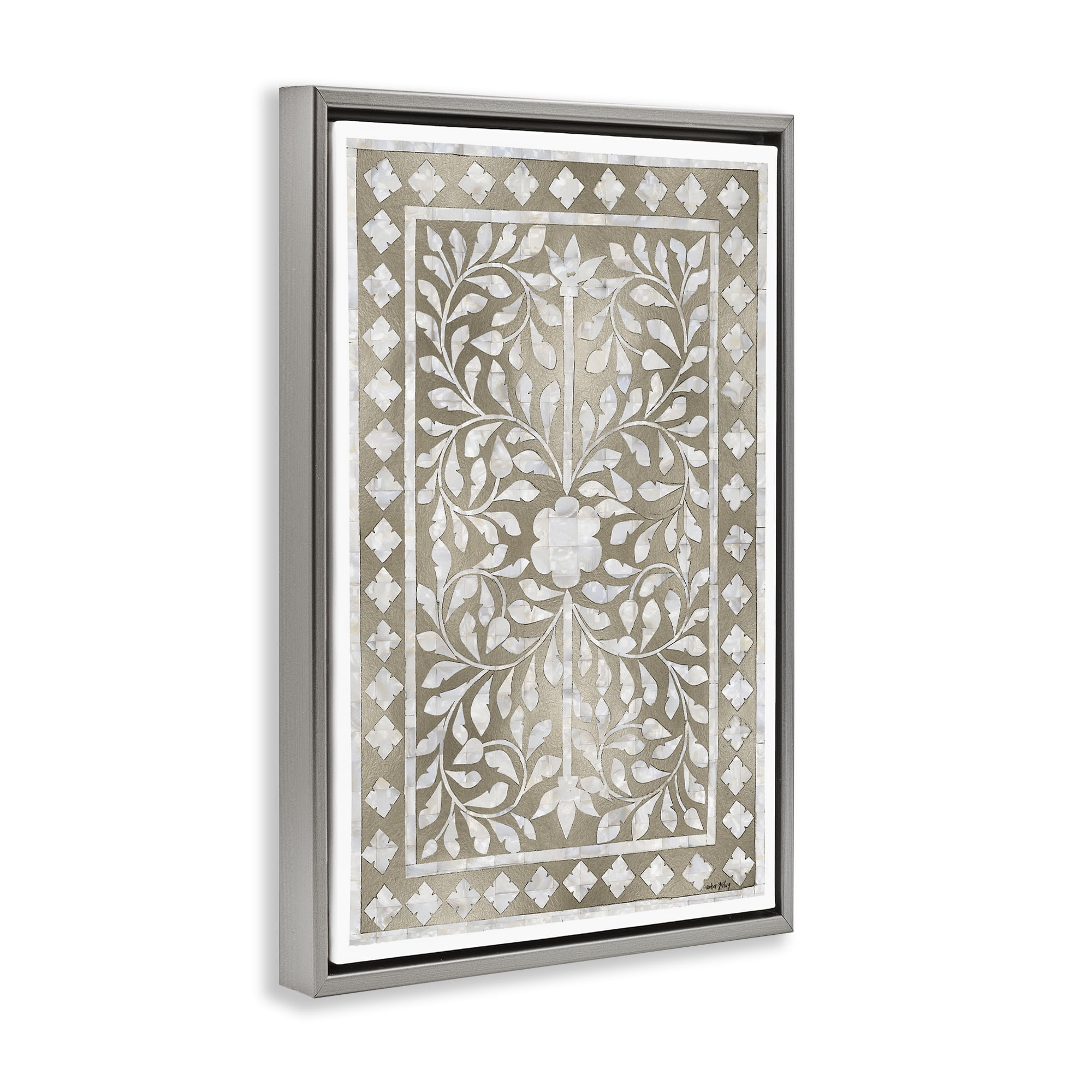 Stupell Industries Arabesque Bohemian Pattern Botanical & Floral Painting Gray Floater Framed Canvas Art Print Wall Art, 21 x 31