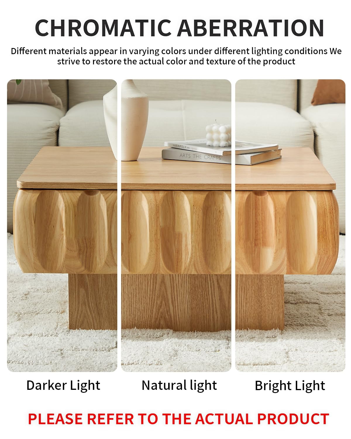 Lift Top Coffee Table with Hidden Storage, 31 inch Solid Wood Fluted Design for Small Space Living Room, Natural