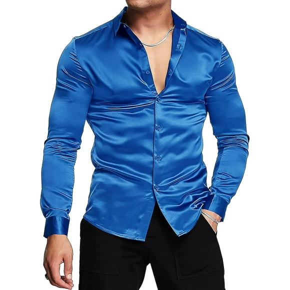 Men's Luxury Shiny Silk Like Satin Dress Shirt Long Sleeve Casual Slim Fit Muscle Button Up Shirts