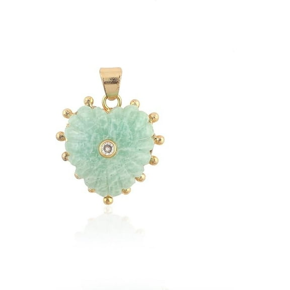 Zeva Jewels Amazonite Carved Heart Pendant with CZ, 18K Gold Plated Brass Charm, Handmade Gemstone Pendant for Jewelry Making