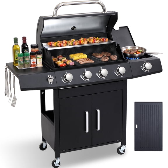 4-Burner Propane Gas BBQ Grill with Side Burner for Outdoor BBQ, 49,000 BTU, Cast Iron Cooking Grids Cast Iron Griddle, Stainless Steel Burners, Pull-Out Grease Tray, Cabinet Storage