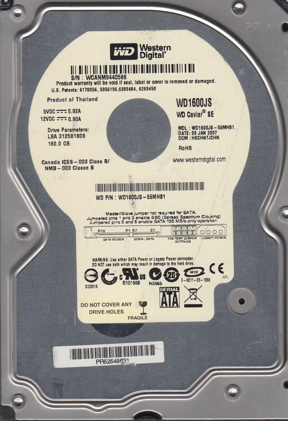 Disque Dur Western Digital 160 Go SATA – Occasion, Format 3,5", Fonctionnel