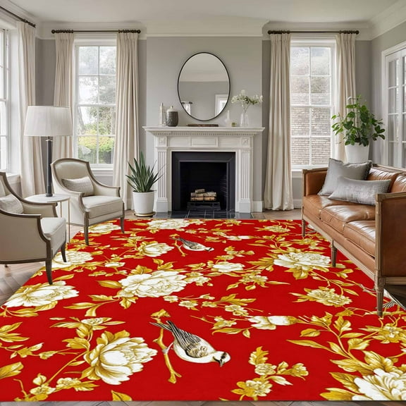 8x10 Area Rugs for Living Room, Yellow Red Flowers Non Slip Area Rugs for Kitchen Bedroom Entryway, Spring Floral Bird Luxury Washable Carpet Runner Rug Floor Mats for Bedroom Home Decor