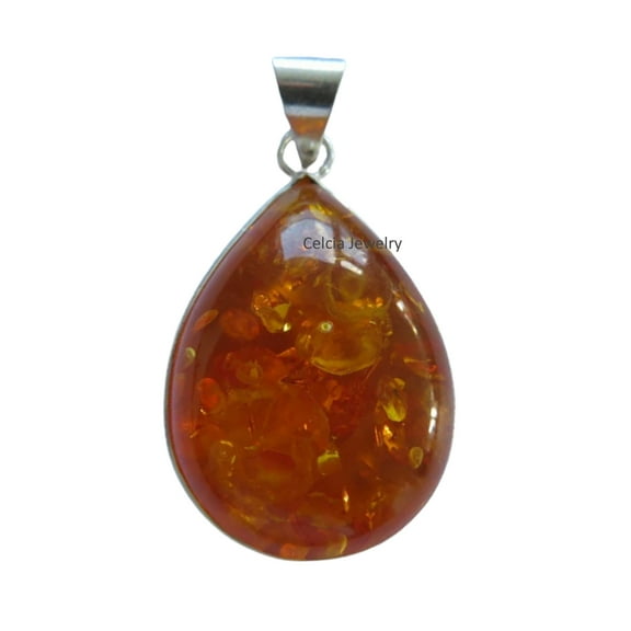 Pure 925 Sterling Silver Pendant For Women Men, Genuine Baltic Amber Cabochon Pear Gemstone Unique Handcrafted Pendant For Her Him