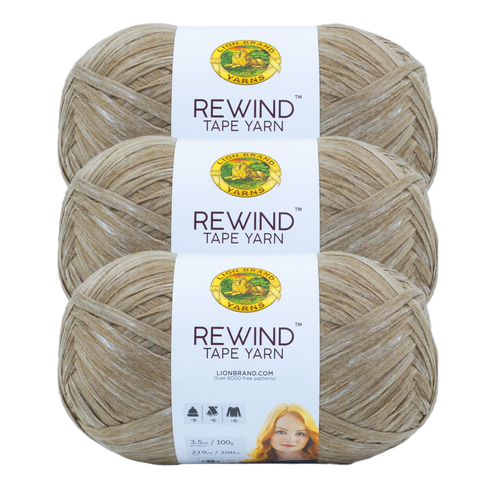Lion Brand Yarn Rewind Willow Tape Bulky Polyester, Viscose Beige Yarn 3 Pack