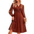 thumbnail image 1 of Vestido de manga larga de jacquard para mujer, cintura alta, cuello en V, vestido de línea para uso diario y formal, color caramelo XL, 1 of 6