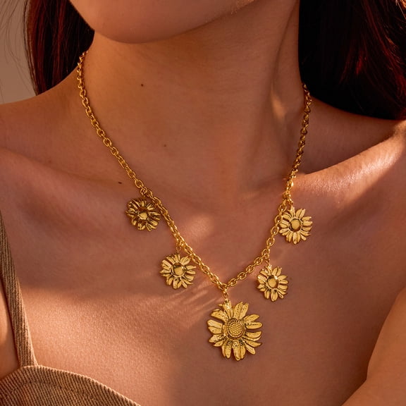 NICKSUN 18K Gold Plated Stainless Steel Daisy Sunflower Pendant Necklace, Multi-Flower Dangle Luxury Clavicle Chain for Women