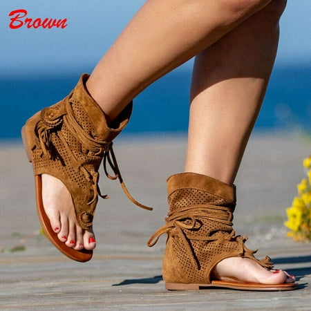 

Women s Retro Sandals Gladiator Ladies Clip Toe Vintage Boots Tassel Rome Shoes