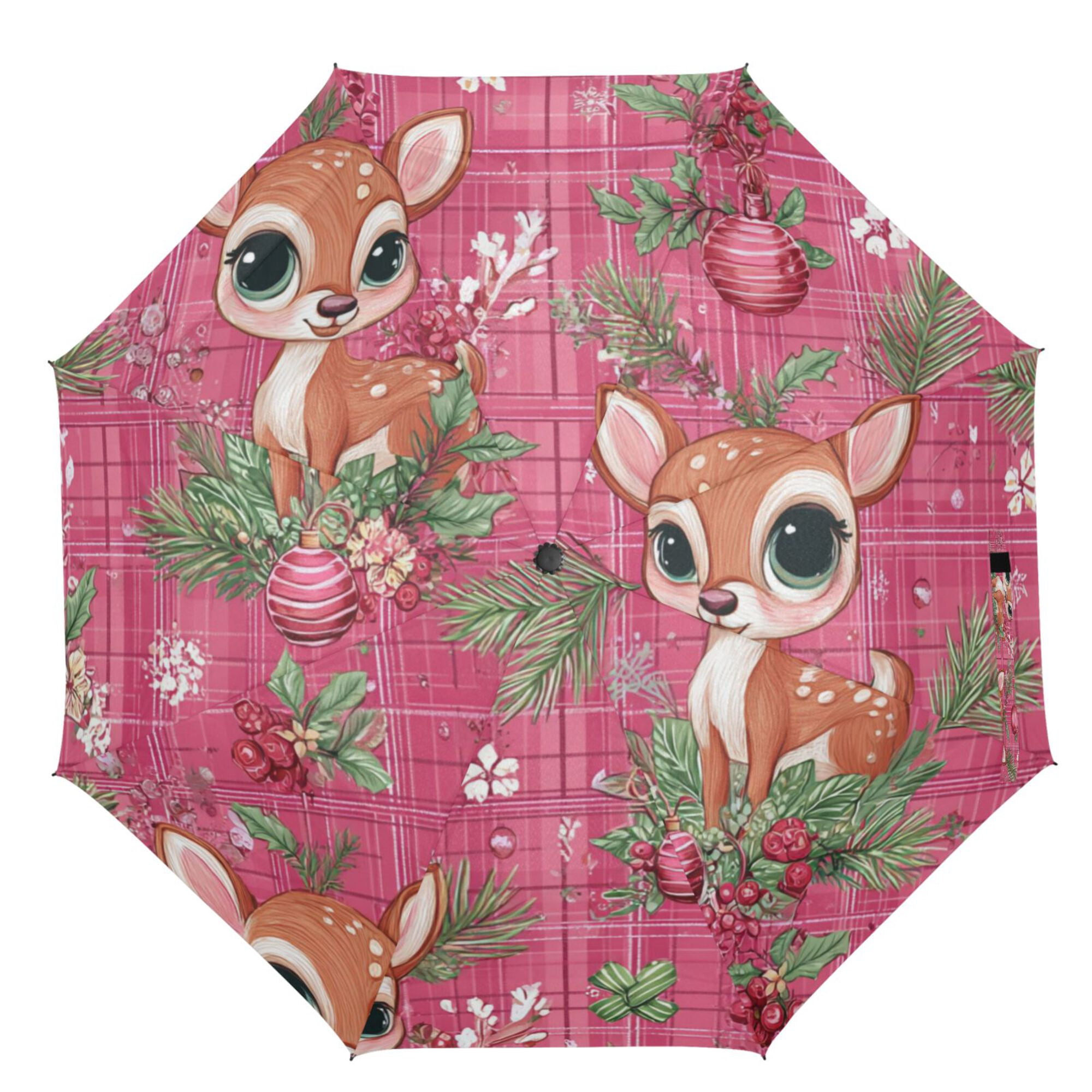 21" Inch Auto Open Close Folding Umbrella Windproof Waterproof Full Print 8-Rib Compact Travel Umbrella for Rainy Days Cute Adorable Baby Deer