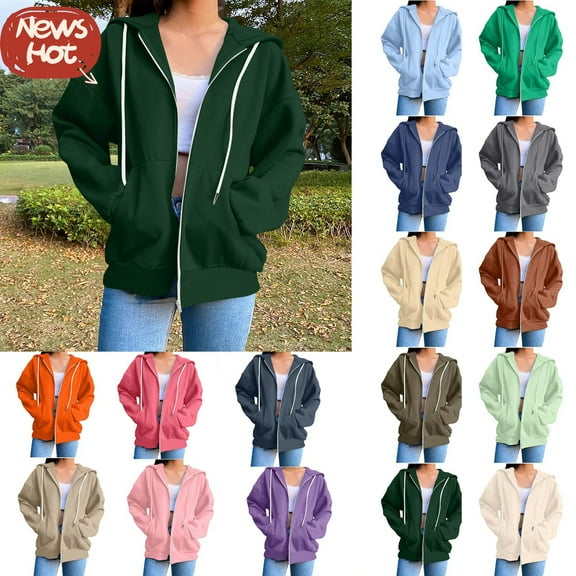 Sweatshirts for Women, Women's Fashion Loose Long Sleeve Casual Blouses Zipper Pocket Hooded Weatshirt Top, Dark Green S