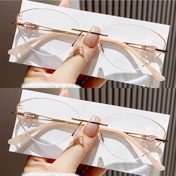 2 Pairs of Women Rimless Anti-blue Light Reading Glasses 1.00 Ladies Ultralight Cat Eye Bling Gold Half Glitter Readers 1.00 Strength