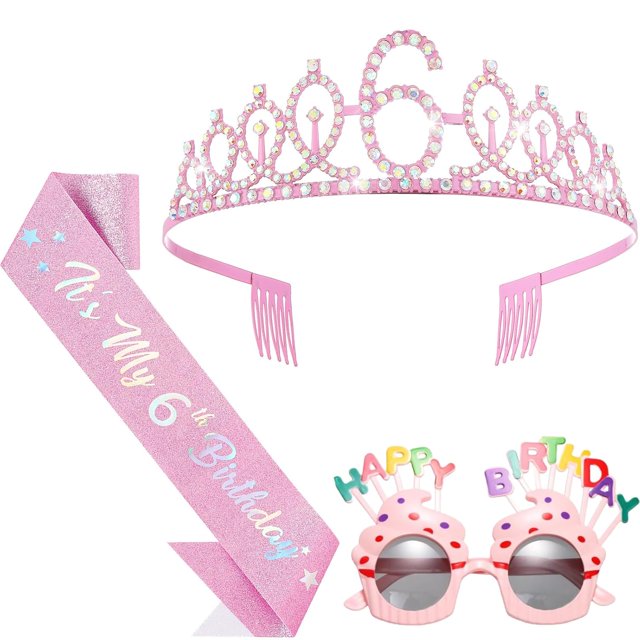 Decoraciones de Cumpleaños, Kit de Sash y Corona con Brillo con Gafas de Sol de Feliz Cumpleaños, Corona de Princesa Tiara y Accesorio de Atuendo para Fiesta de Sash