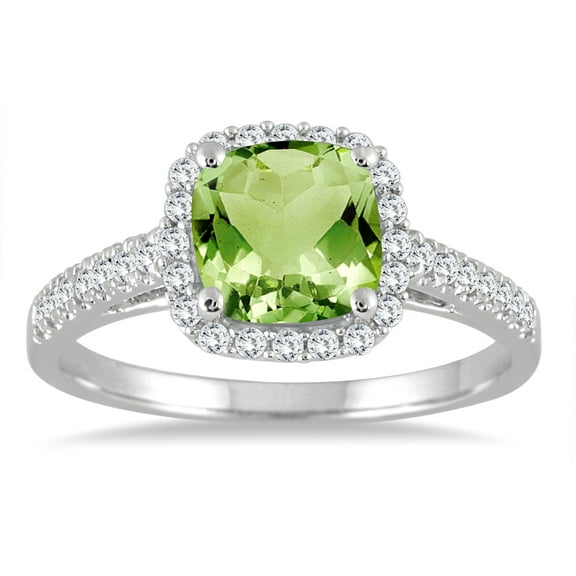 SZUL Women's 5MM Cushion Cut Peridot and Diamond Halo Ring in 10K White Gold