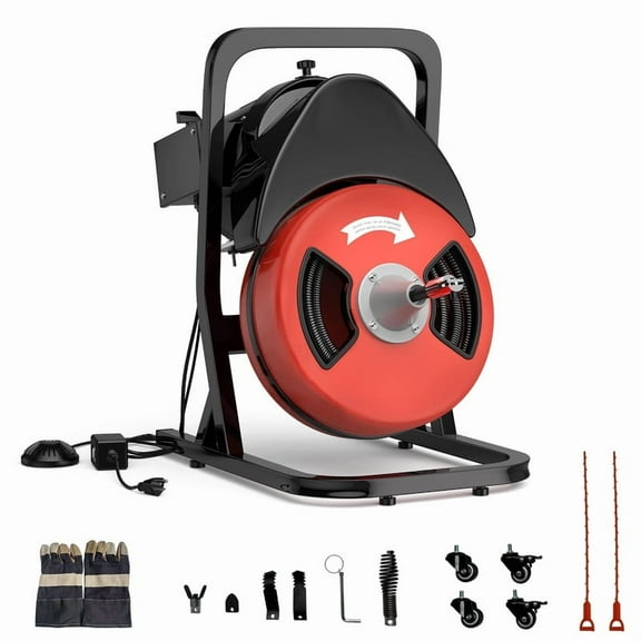Towallmark 50Ft x 1/2 Inch 450W Drain Cleaner Machine, Heavy Duty Drain Auger with Air Activated Foot Pedal Control, Semi-Automatic Drain Snake for 2" to 4" Pipes, Includes 4 Cutters