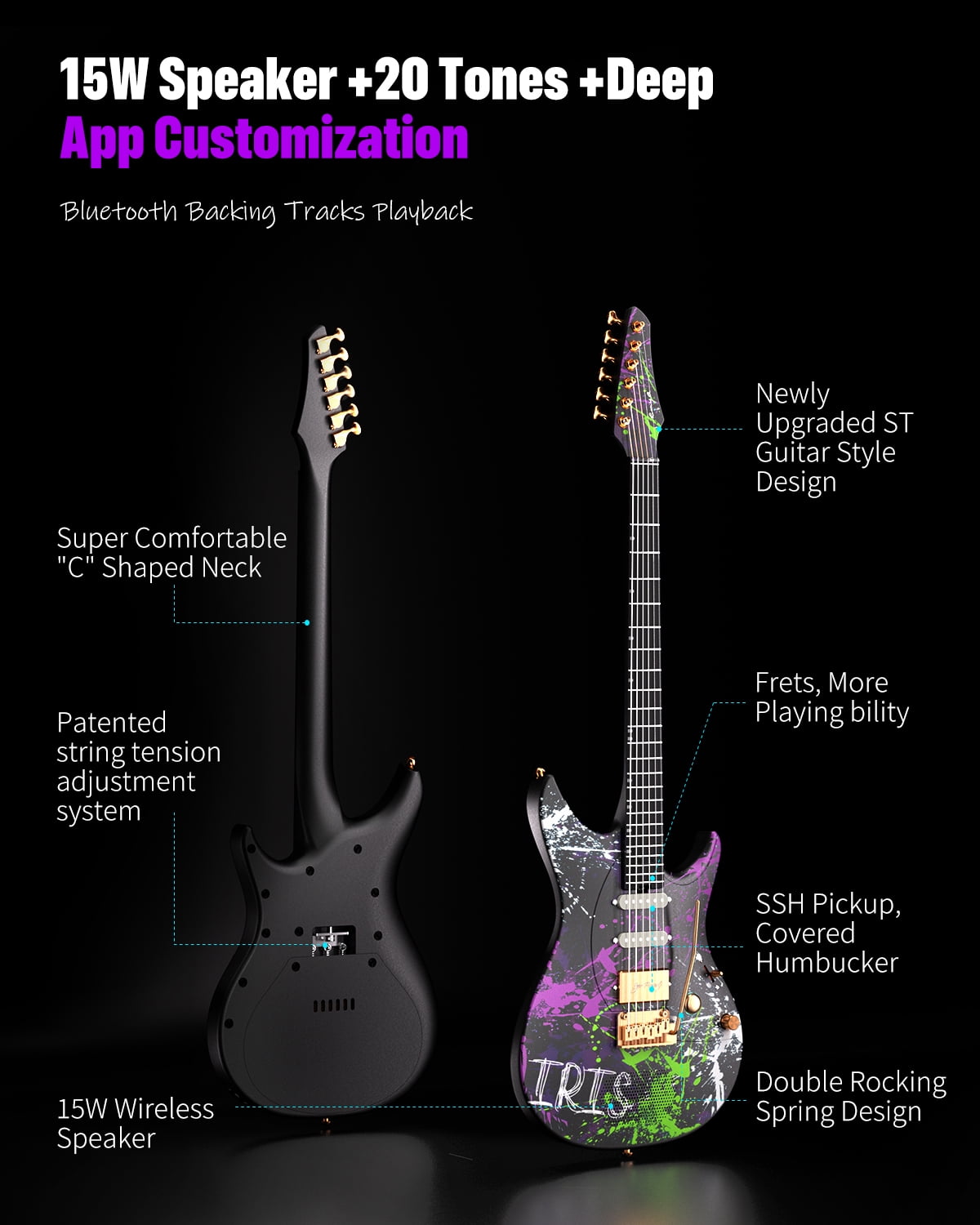 Enya Electric Guitar Inspire 39" Smart Electric Carbon Fiber Guitarra with 15W Wireless Speaker, 20 Distinct Tones, Onboard Presets, Charging Cable, Adjusting Wrench, and Gig Bag