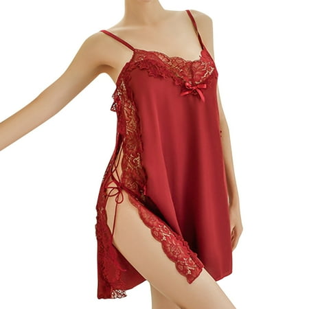 

ZMHEGW Underwear Women Lingerie Nightwear V Neck Camisole Silky Satin Lace Knee Length Camisole
