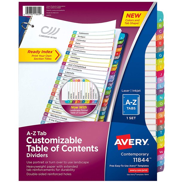 AZ Tab Binder Dividers, Customizable Table of Contents, Contemporary Multicolor Tabs, 1 Set