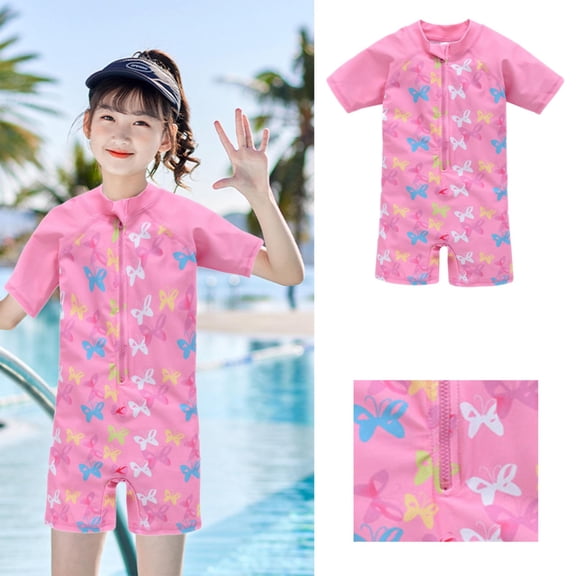 FASHOFT Short Sleeve Rash Guard Swimsuit for Girls Quick Dry Zip up One Piece Swimsuits with UV Protection Bathing Suit M 6-12 Months