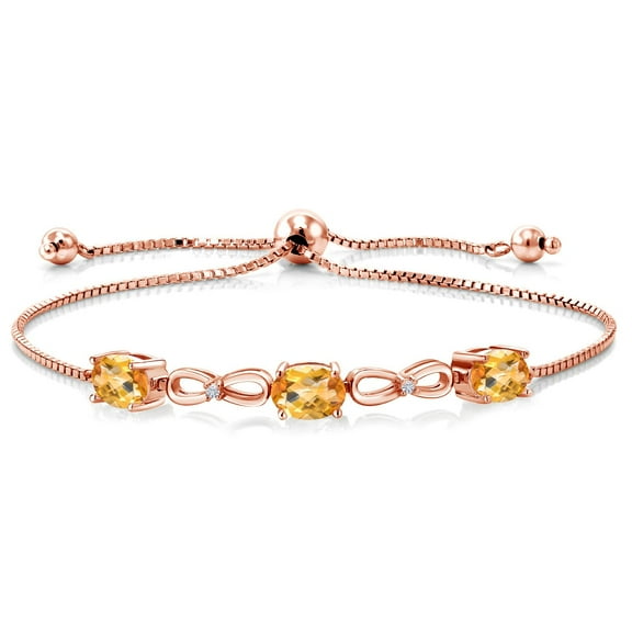Gem Stone King 2.20 Ct Oval Checkerboard Yellow Citrine E-F Lab Grown Diamond 18K Rose Gold Plated Silver Bracelet for Women