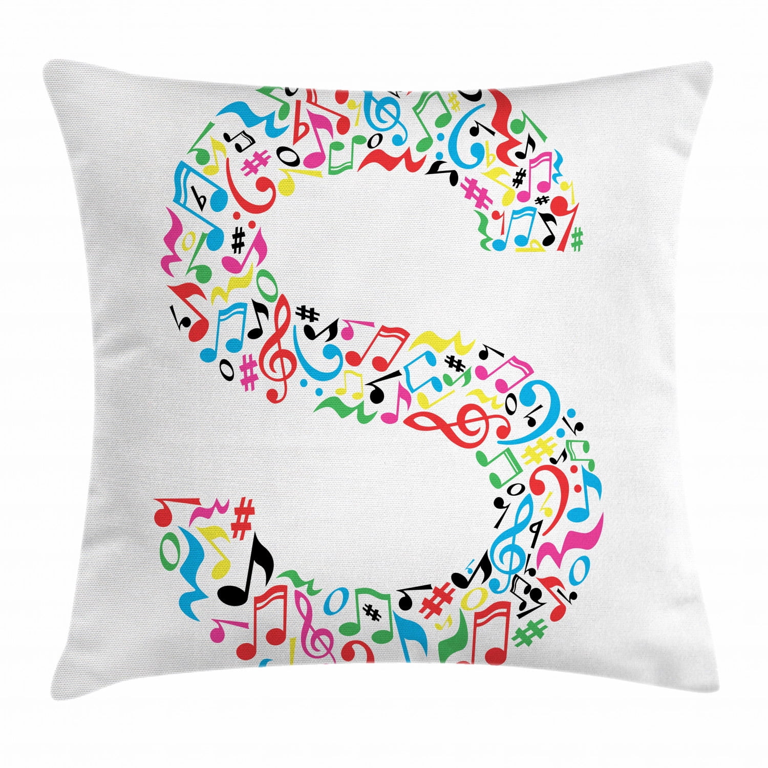 Letter S Throw Pillow Cushion Cover, S with Colorful Musical Pattern