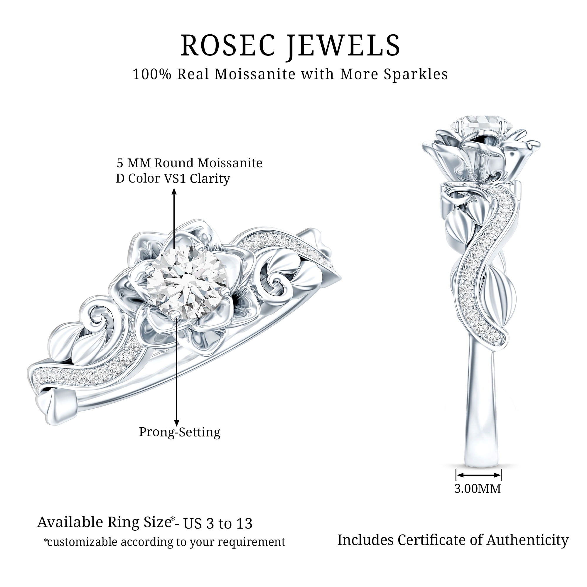 Rosec Jewels 925 Sterling Silver Moissanite Ring (Half Carat, D-VS1 Grade) - Nature Inspired Engagement Ring - Ready to Gift, US 8.00