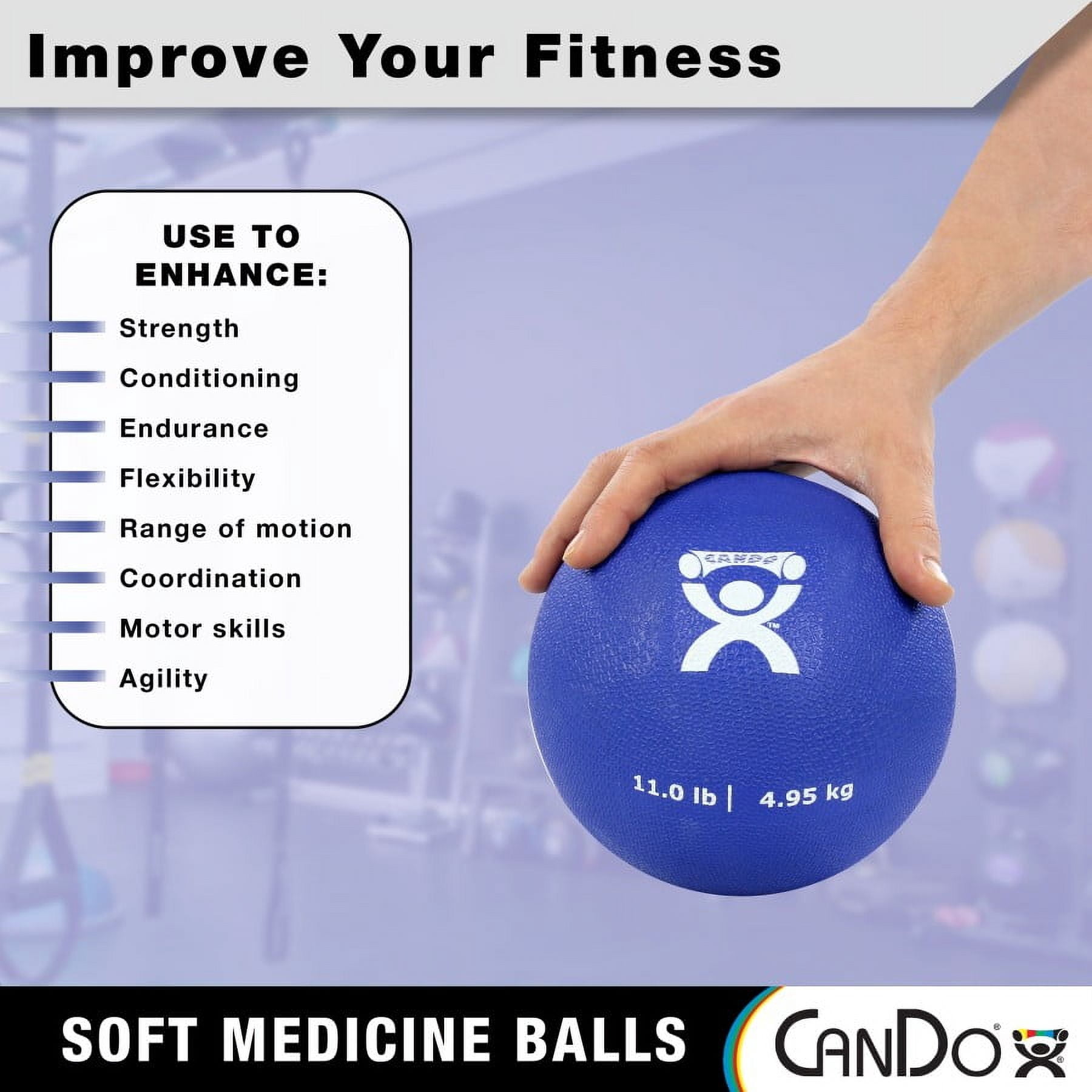 CanDo Soft Medicine Ball 7" Diameter 11lb Blue Exercise Ball for Physical Therapy and Fitness Exercises, Easy Grip Rubber Weighted Ball for Workouts