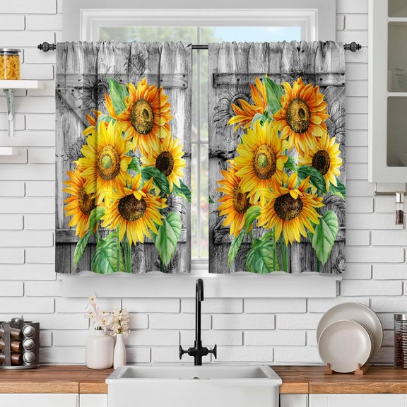 Barn Door Sunflower Floral Kitchen Curtains - Rustic Vintage Wooden Board Flowers Farmhouse Decor Short Curtains for Dining Room Rod Pocket Window Drapes 2 Panels Set, 28"x36"