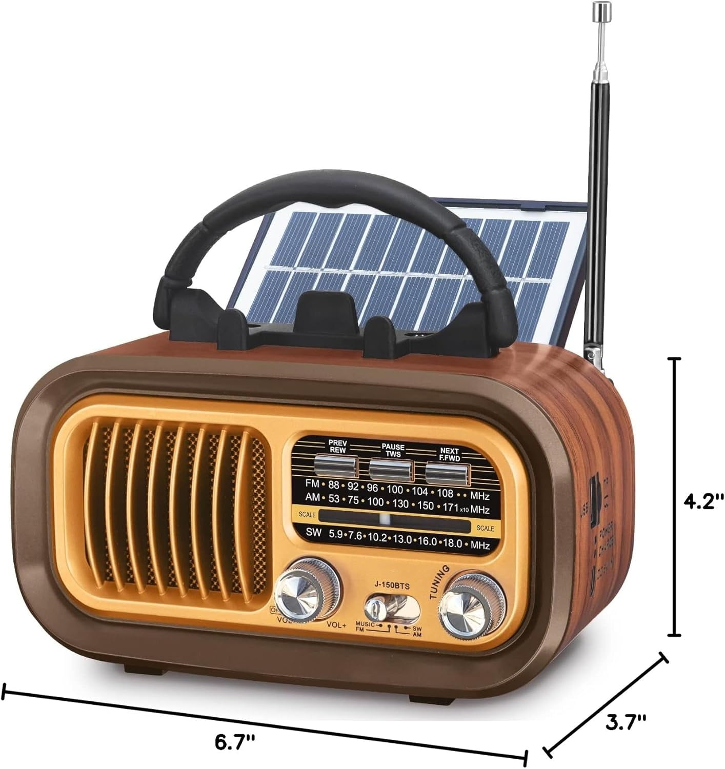 Portable Radio AM FM SW, Retro Bluetooth Personal Radios, Vintage Transistor Radios with Solar Battery Operated USB-C Rechargeable, TWS, Support TF Card/USB Playing for Senior,Middle-aged People,Kids