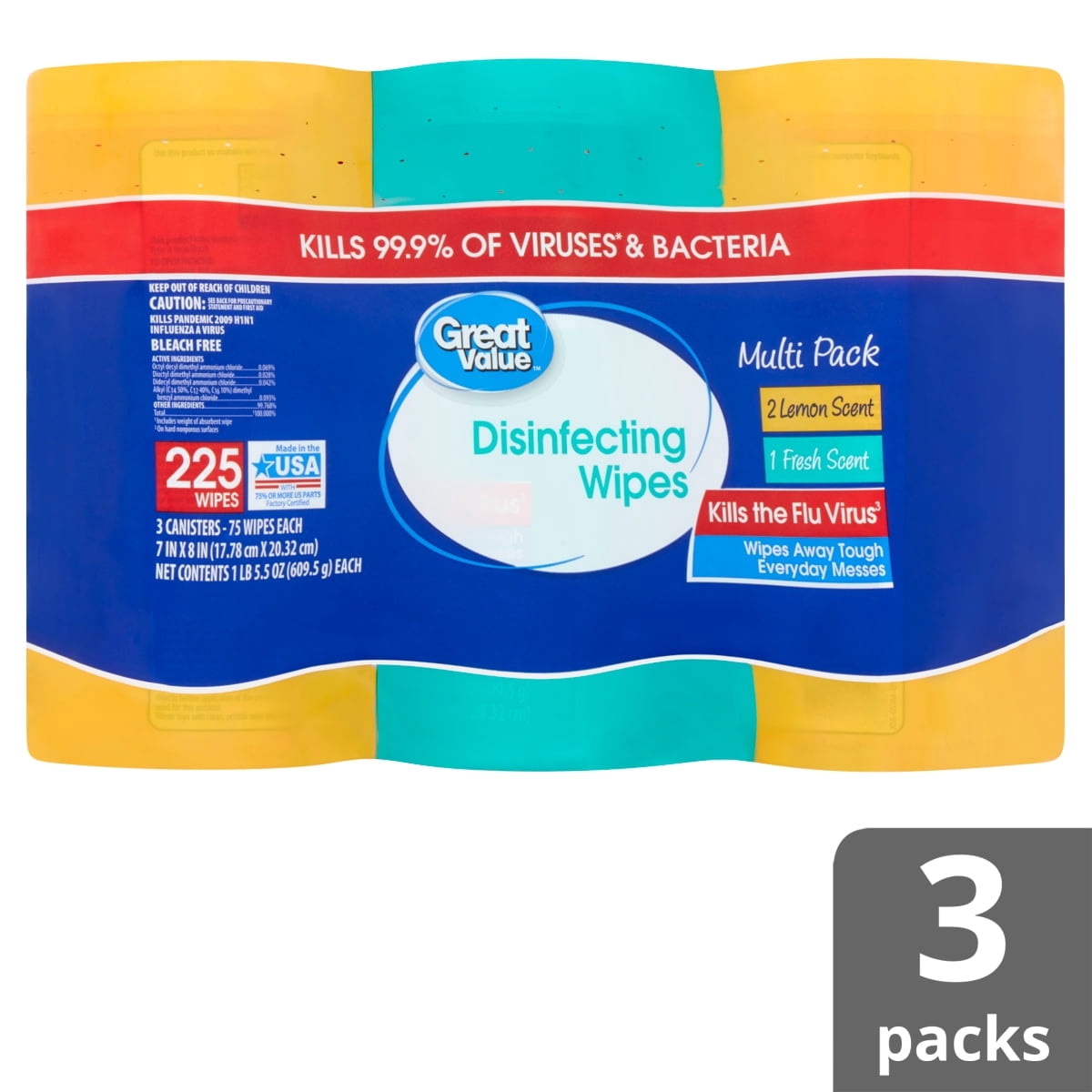 Great Valu Disinfecting Wipes, Lemon and Fresh Scent, 225 Count, 3 Pack