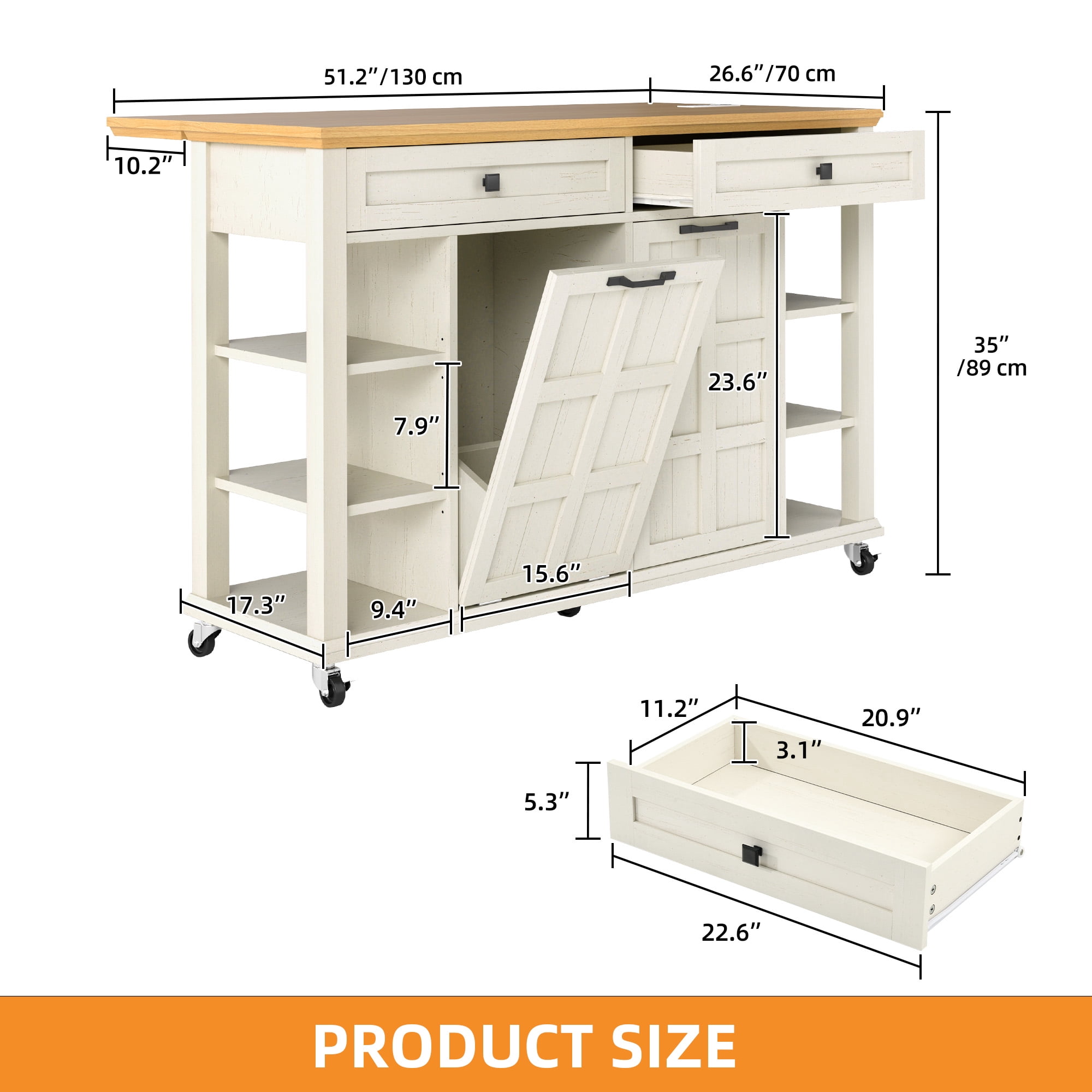 Craftian Kitchen Island with Power Outlets & Drop Leaf, Kitchen Island Cart with Trash Storage,White