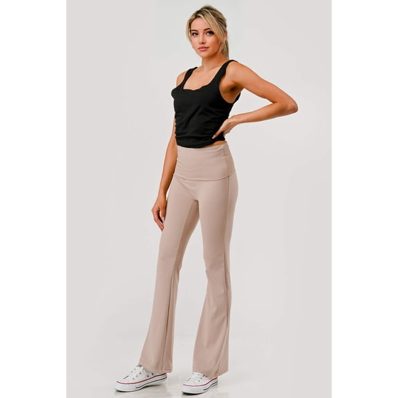 Pillowy Soft Fold Over High Waist Flare Pants - Latte