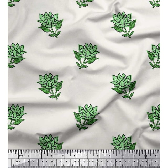 Soimoi Modal Satin Fabric Leaves & Lotus Block Print Sewing Fabric Yard 42 Inch Wide