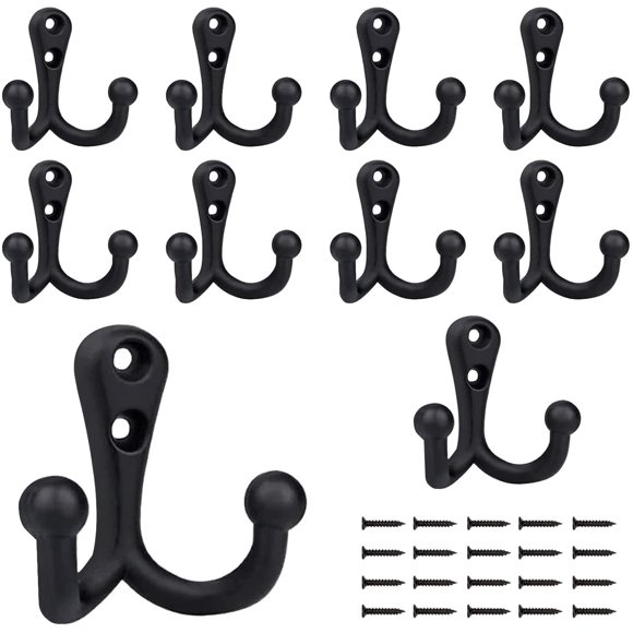 BIGLUFU 10 Pack Coat Hooks, Black Coat Hook, Heavy Duty Wall Coat Hooks, Double Prong Utility Rustic Hooks with 20 Screws, Retro Hooks for Hanging Coat, Scarf, Bag, Towel, Key, Cap, Cup, Hat