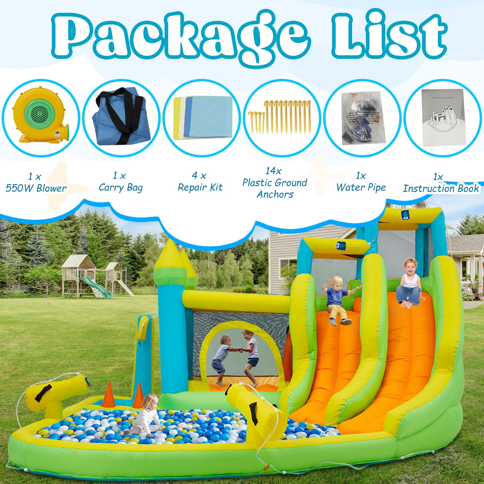 Inflatable Water Slide,10 in 1 Water Park Bounce House for Kids 3-12 with Blower,Splash Pool, 2 Slides, Water Cannon, Climbing Wall,Blow up Water Slides for Kids Outdoor Backyard