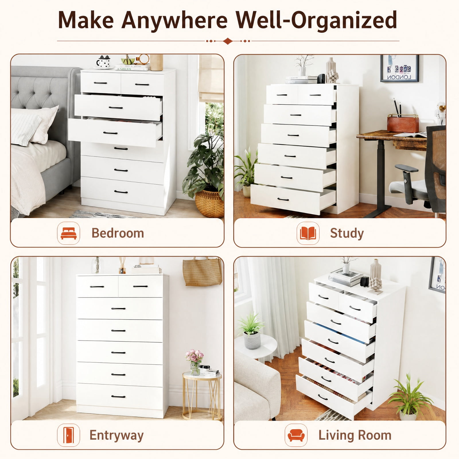Furnibear 7-Drawer Tall Dresser with Metal Handles and Anti-Tipping Kits for Bedroom Closet Living Room Nursery Clothes Storage, White