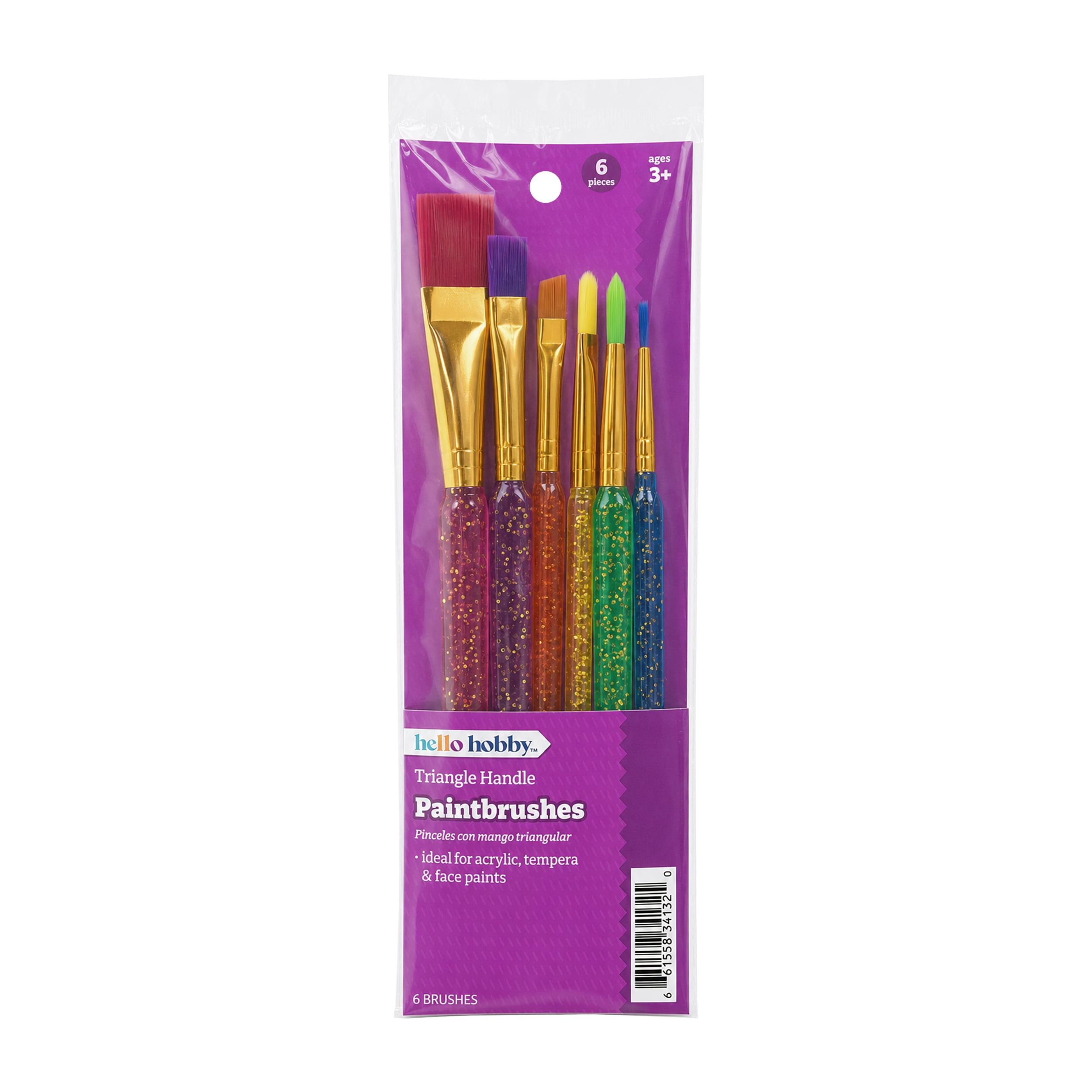 Hello Hobby Assorted Shape Synthetic Bristle Art Brush Set with Triangle Handle, 6 Pieces