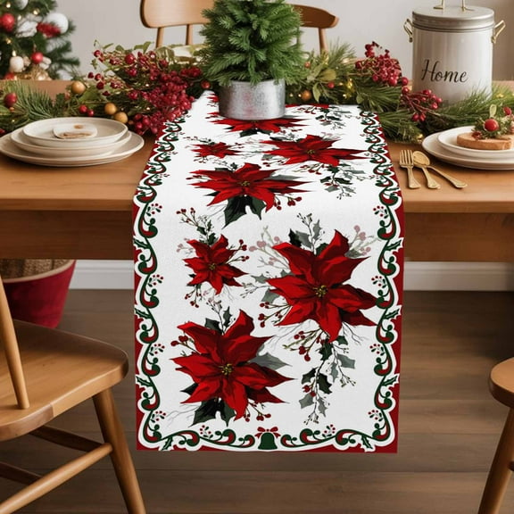 Christmas Poinsettia Cotton Linen Table Runner Winter Red Floral Pine Leaf Retro Farm Dining Table Runners for Home Decor Party Dining Room Restaurant Kitchen Party 13" x 90"
