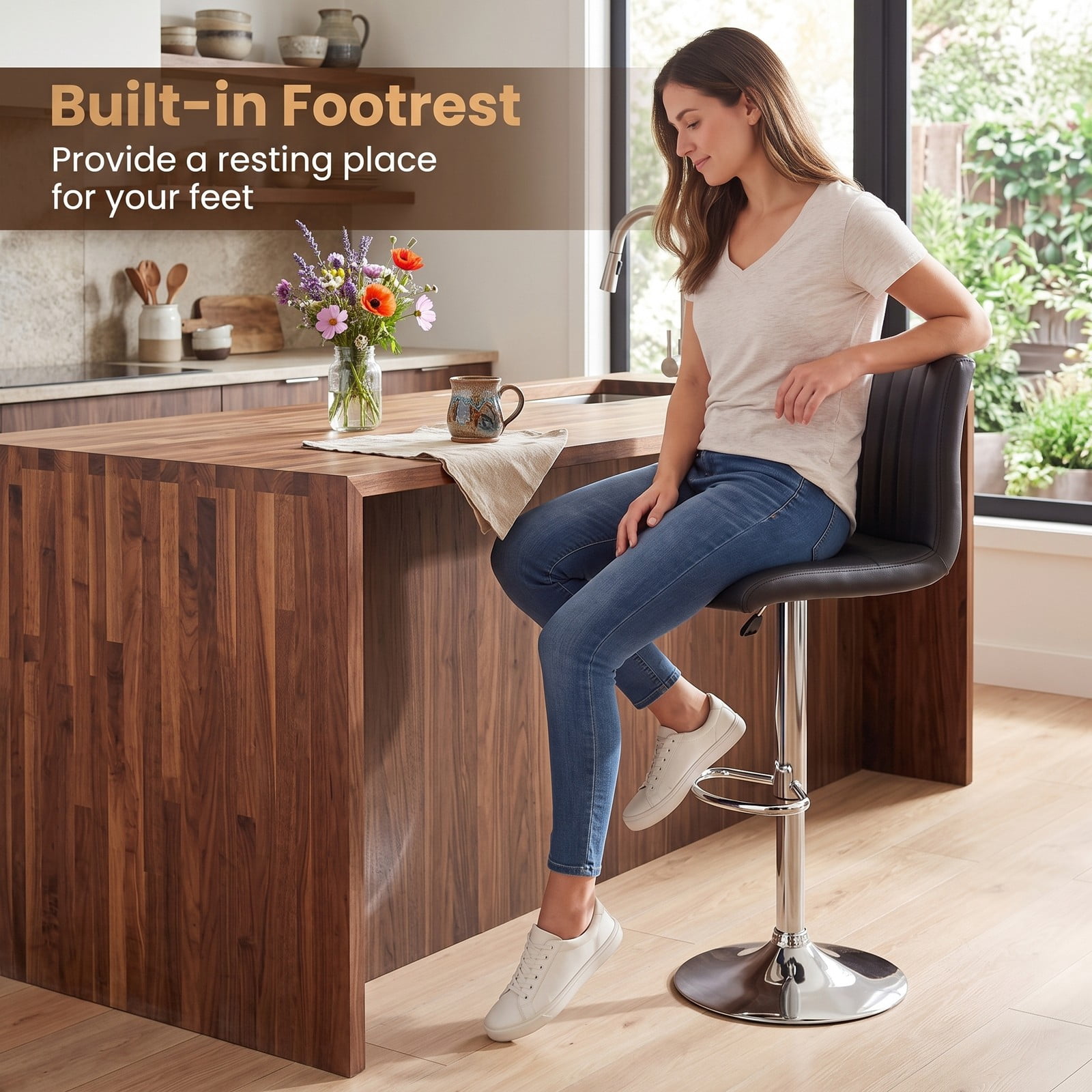 Furnibear Adjustable Swivel Bar Stools Set of 2, 360-Degree Counter Height Barstools with Backrest and Footrest, Faux Leather Padded Kitchen Island Chairs with, Black