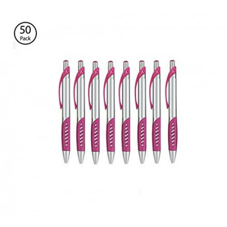 - Ballpoint Smooth Writing Retractable Click Pen with Clip and Comfort Grip, Silver Barrel with Pink Trims, 50 Pack