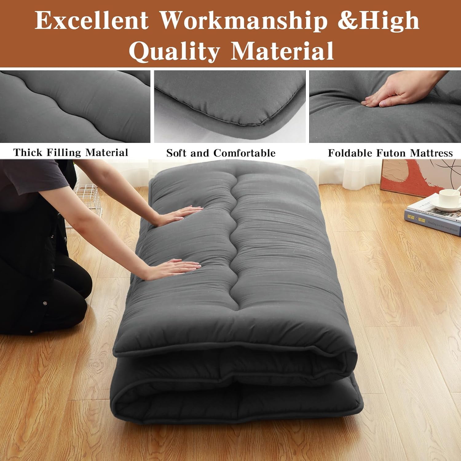 Trilenars Japanese Futon Mattress FULL Size,Floor Mattress for Adults Futon Floor Mat Foldable Sleeping Mattress,Tatami Mat,Camping Pad,Wave Dark Grey