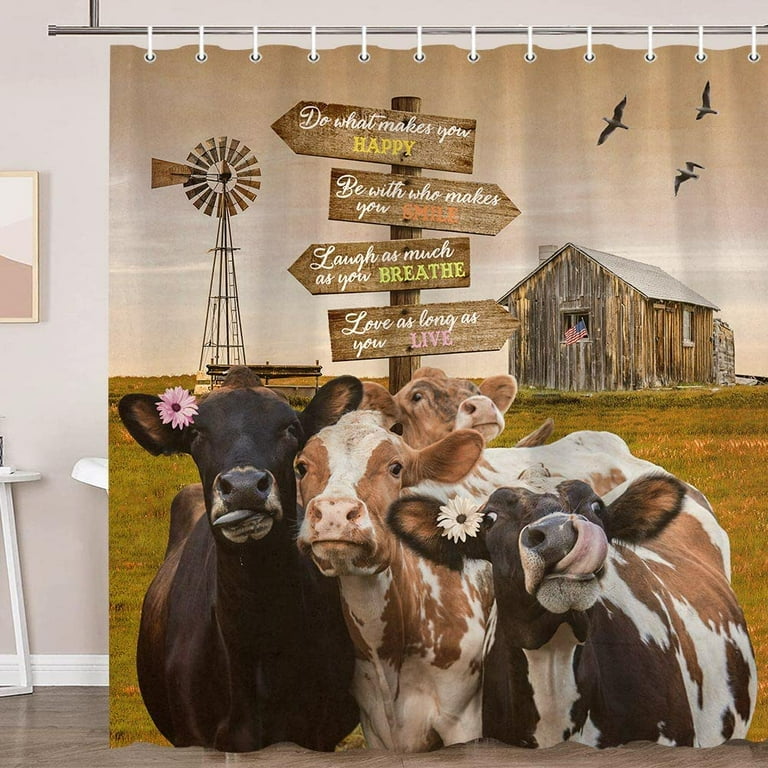 SPXUBZ Farmhouse Cow Shower Curtain, Rustic Farm Animal Wood West Country  Log Cabin Barn Decor Bath Curtain, Funny Cow Windmill Inspirational Quote 