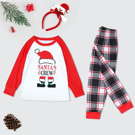 

NEGJ Matching Family Pajamas Sets Christmas Santa’s Crew Letter Print Top And Plaid Pants Sleepwear For Kids