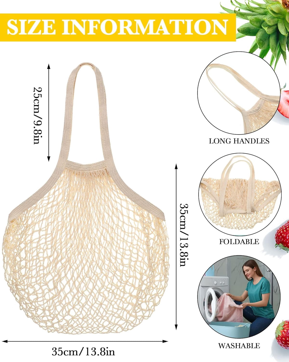 YEKEYI 24 Pcs Reusable Cotton Mesh Produce Shopping Bags Washable Grocery Net Portable Fruit and Vegetable Cotton String Bags Long Handle Net Tote Organizer(Short Handle)
