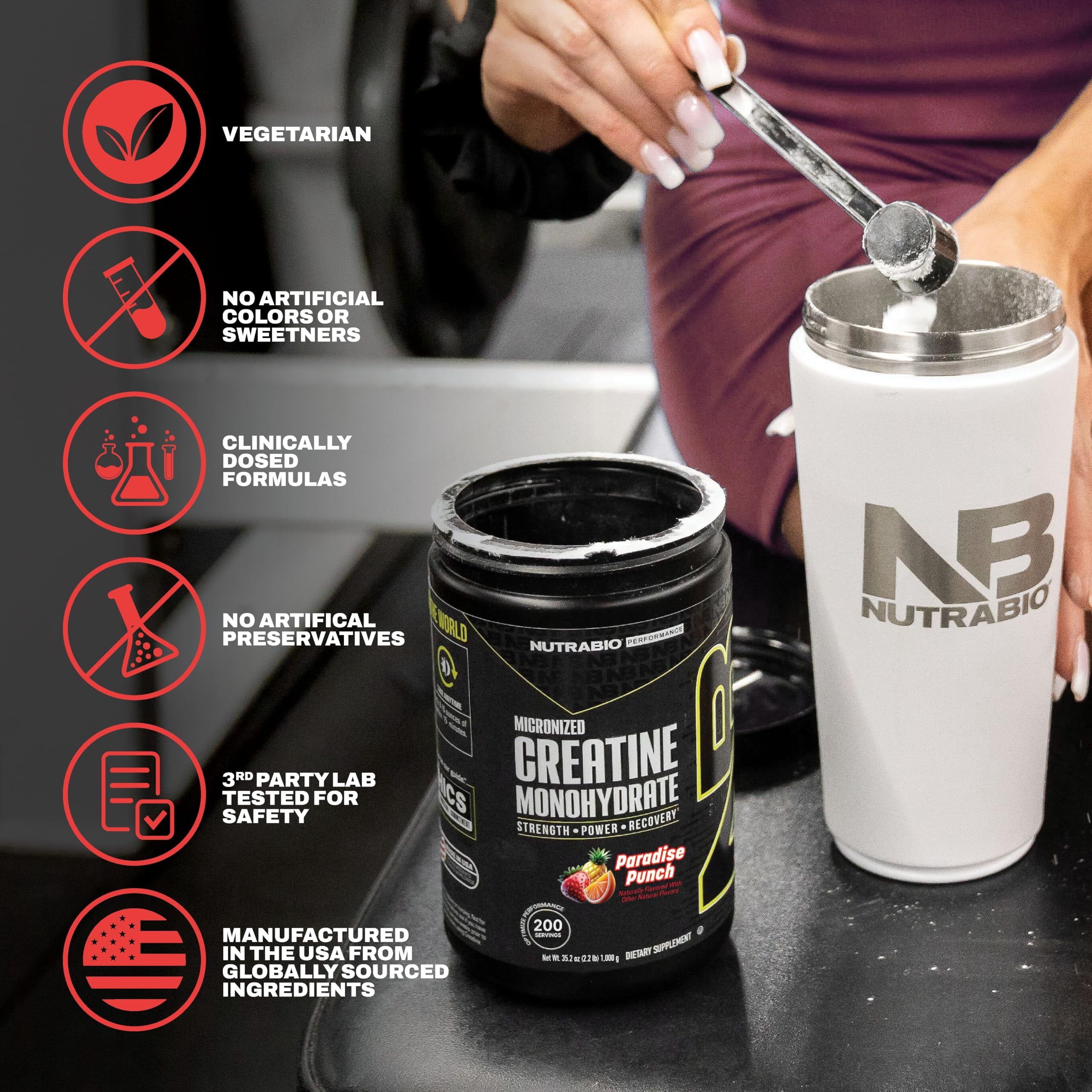 NutraBio Pure Creatine Monohydrate Powder Supplement, Paradise Punch (300 g) - Supports Bulk Muscle Energy, Recovery, and Strength - HPLC Tested Pure Grade Creatine Powder Supplement for Men and Wome