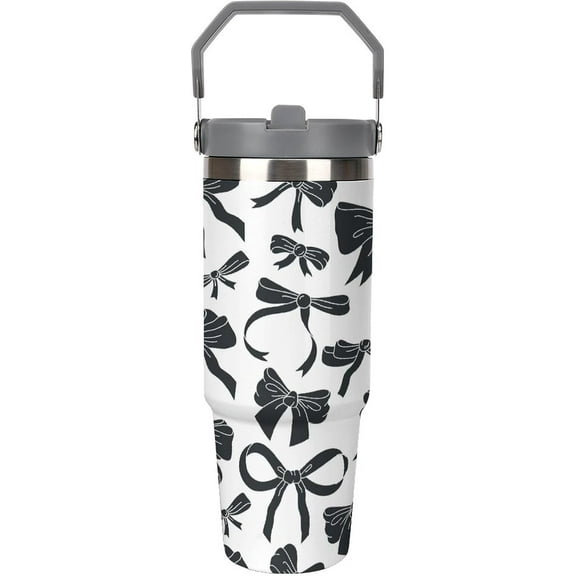 Bows Ribbon Black Cute Tumbler with Lid And Straw 30oz Stainless Steel Cup Insulated Water Bottle, Large Capacity Car Cup, Leakproof Travel Tumbler Coffee Mug with Handle