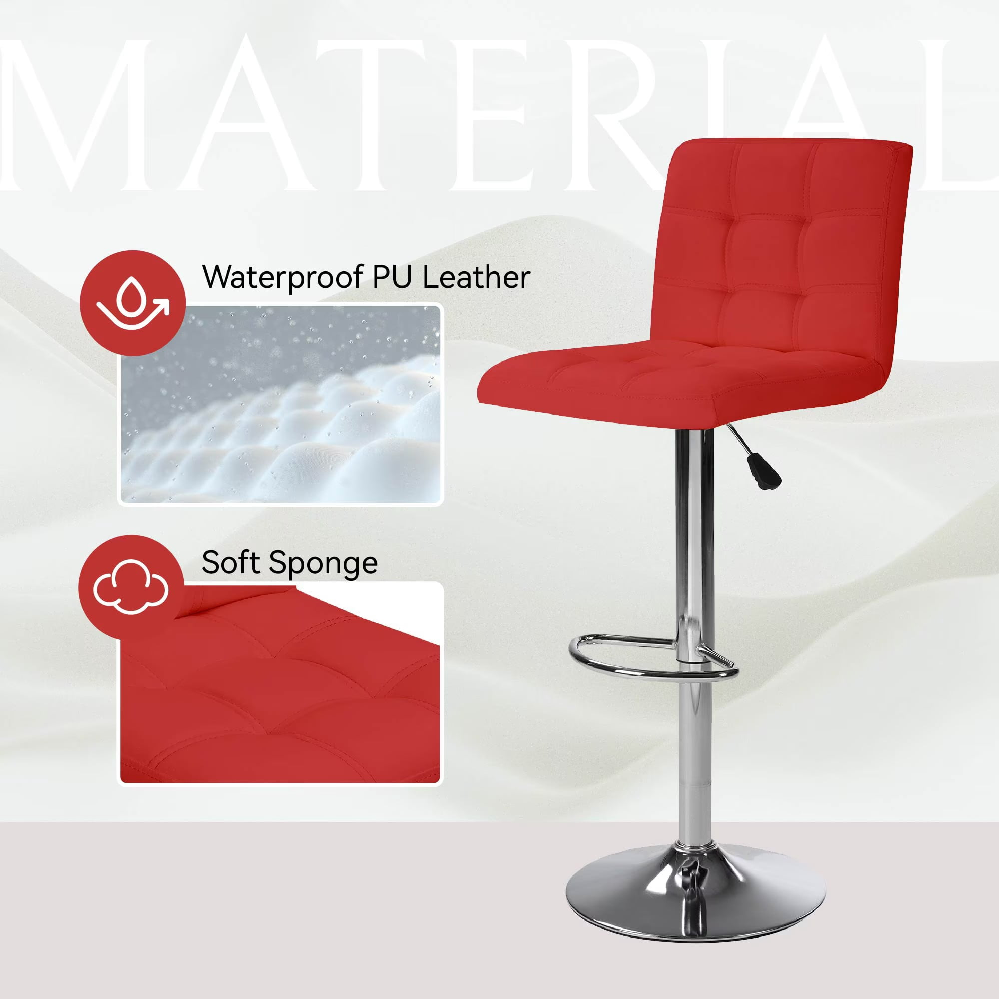 Aukfa Bar Stools Set of 2, Counter Height Adjustable PU Leather Swivel Bar Chairs with Back and Footrest for Kitchen and Dining Room, Red