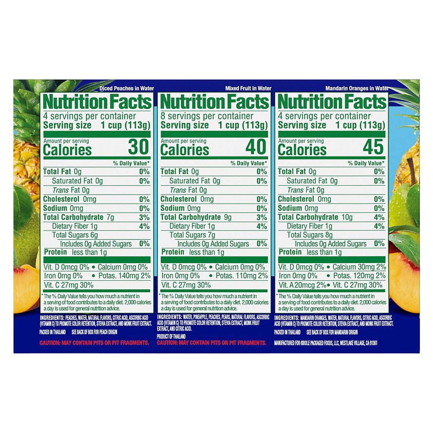 Fruit Bowls Diced Peaches, Mixed Fruit, Mandarin Oranges No Sugar Added Variety Pack 16ct 4oz Beerpack SKU 77378