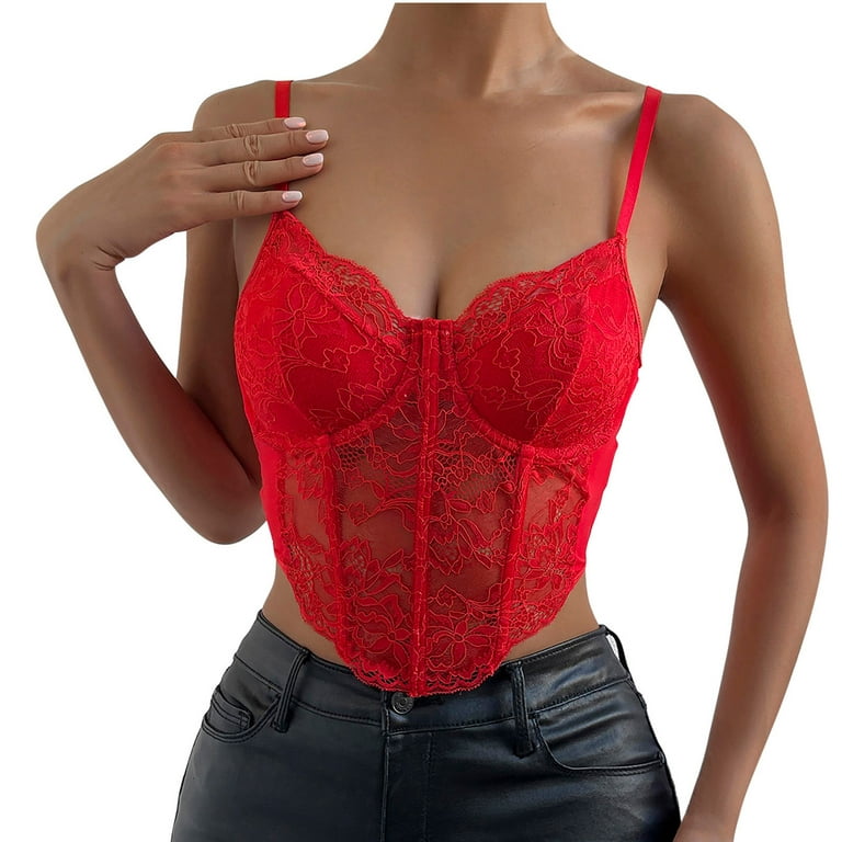 JGGSPWM Womens Boned Spaghetti Strap Vintage Red Bustier Lace Open Top Back Sexy Crop XS Corset Out Party Going Mesh Summer