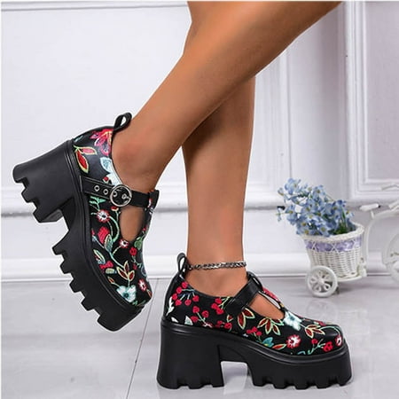 

EQWLJWE 2022 New Fashion High-heeled Round-toe Women s Shoes Printing Large Size Buckle Women s Single Shoes Women s High Heels Holiday Clearance