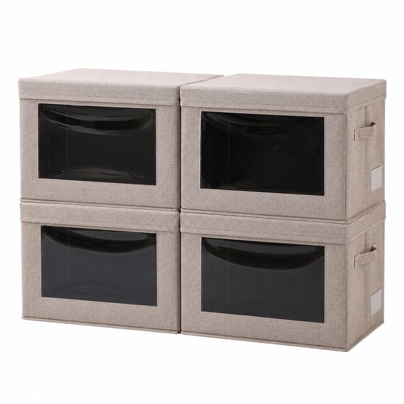 Fabric Storage Bins 3 Pack Collapsible with Lids and Clear Window Closet Organizer Boxes 15x10x10 Inch Sturdy Handles Grey for Clothes Blankets Linens